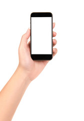 Woman hand holding smartphone isolated on white background.