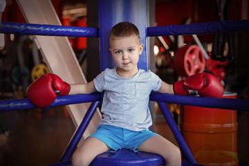 Little boy in boxing gloves on ring