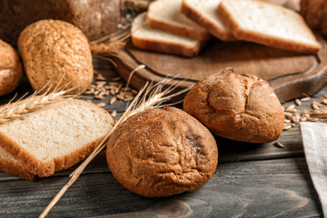 Freshly baked bread products on table