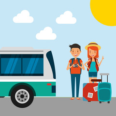 summer vacations happy couple with car and suitcases vector illustration