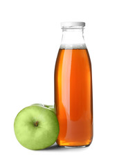 Bottle of apple juice and fresh fruit on white background