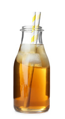Bottle of fresh apple juice on white background