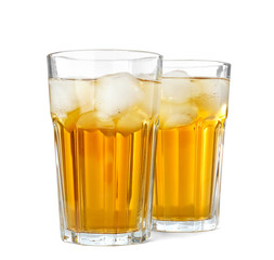 Two glasses of fresh apple juice on white background