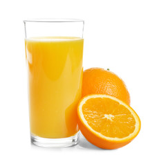 Fototapeta na wymiar Glass of orange juice and fresh fruits isolated on white