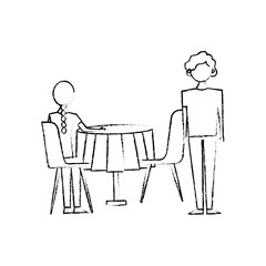 woman sitting back and man standing with table and chairs vector illustration sketch design