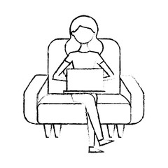 smiling young woman sitting on sofa with laptop vector illustration sketch design