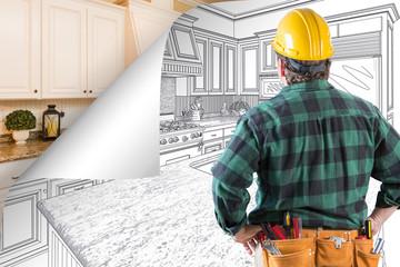 Contractor Facing Kitchen Drawing with Page Corner Flipping to Completed Photo Behind
