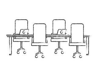 workspace meeting table chairs and laptop computers vector illustration sketch design