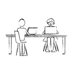 woman and man working in the laptop on table vector illustration sketch design
