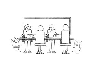 Obraz premium office team of employees working on their laptops at the table potted plants and board vector illustration sketch design