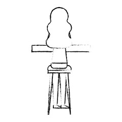 back view young woman sitting on stool and counter vector illustration sketch design