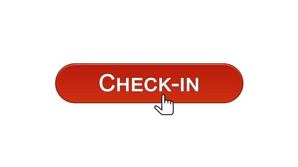 Check-in web interface button clicked with mouse cursor, wine red color, airport