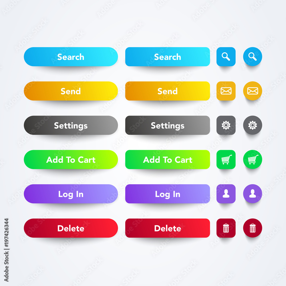 Poster Vector illustration set of clean colorful web app buttons with symbols, text and cool gradient color in different sizes