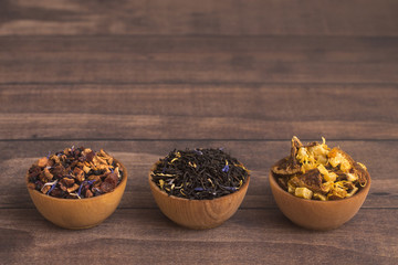 Loose Leaf Tea in a Wooden Bowl on a Wooden Table