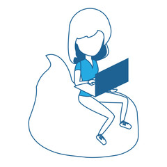 avatar woman sitting on a bean bag and using a laptop computer over white background, blue shading design. vector illustration