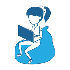 avatar woman sitting on a bean bag and using a laptop computer over white background, blue shading design. vector illustration