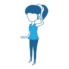 Woman standing and Talking on Cellphone over white background, blue shading design. vector illustration