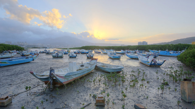 Boat, wetland at Bali of New Taipei City, Taiwan ~ Morning landscape with stranded boats on Tamsui river during a low tide, Taipei Taiwan  Beautiful sunrise in Tamsui river, Taipei Taiwan