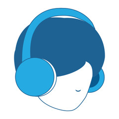 avatar man head using a headphones over white background, blue shading design. vector illustration