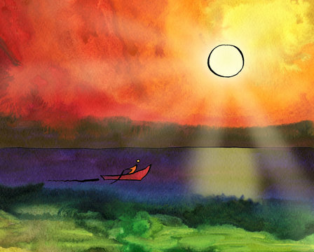 The boat sails on the sea under the sun. Fantasy sunset. Sailor paddles with a paddle.Indian Ink drawing with a pen on paper filled with watercolor background