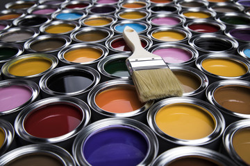Open paint cans with a brush, Rainbow colors