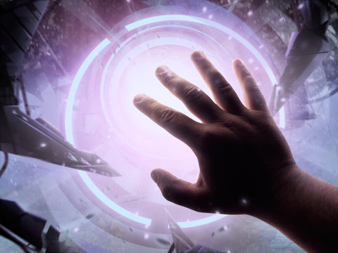 Illustration of a male first person view hand protecting from attacking alien claw with bright light shining at him.