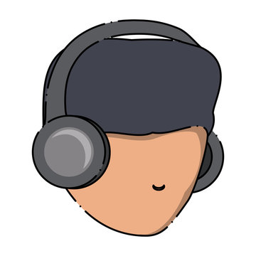 avatar man head using a headphones over white background, colorful design. vector illustration