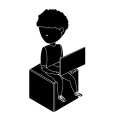 avatar young man sitting on a cube seat and using a laptop computer over white background, vector illustration