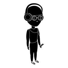 cartoon man standing and listening music with headphones over white background, vector illustration