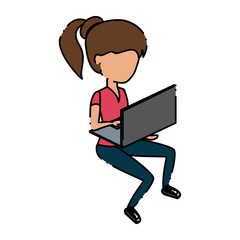 avatar woman sitting and using a laptop computer over white background, colorful design. vector illustration