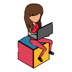 avatar woman sitting on a cube seat and using a laptop computer over white background, colorful design.  vector illustration