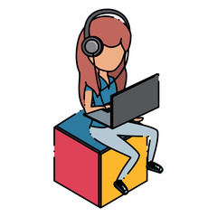 Fototapeta na wymiar avatar woman sitting on a cube seat and using a laptop computer and headphones over white background, colorful design. vector illustration