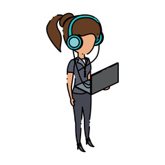 avatar woman standing and using a laptop computer and headphones over white background, colorful design. vector illustration