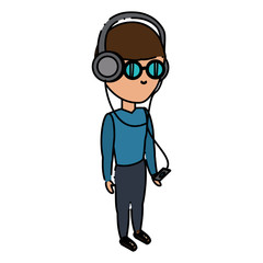 cartoon man standing and listening music with headphones over white background, colorful design. vector illustration