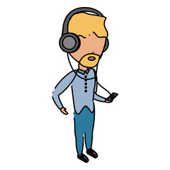 avatar man listening music with headphones over white background, colorful design. vector illustration