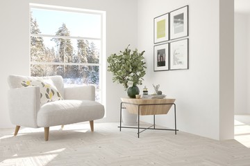 White room with armchair and winter landscape in window. Scandinavian interior design. 3D illustration