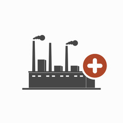 Factory icon with add sign. Factory icon and new, plus, positive symbol