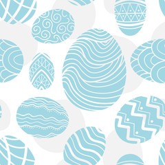 Easter eggs in pastel blue silhouette and light gray plane random on white background. Cute hand drawn seamless pattern design for Easter festival in vector illustration.