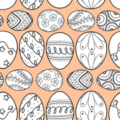 Easter eggs in black outline and white plane line up on pastel pink background. Cute hand drawn seamless pattern design for Easter festival in vector illustration.