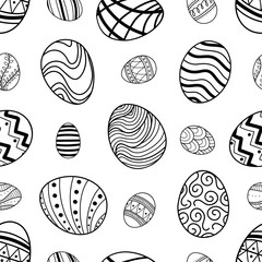 Easter eggs in black outline random on white background. Cute hand drawn seamless pattern design for Easter festival in vector illustration.