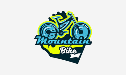Colorful logo, emblem, mountain bike icon. Bicycle, transport, downhill, freeride, extreme, sports. T-shirt printing, vector illustration.