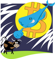  whale against the background of the bitcoin-moon attacks the bull crypto currency illustration