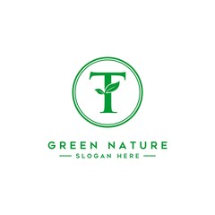 letter T logo concept, nature green leaf symbol, initials  icon design
