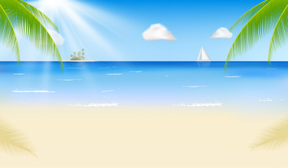 Fototapeta na wymiar Summer beach with a sun, palm trees and cloudless sky. Vector illustration. Template for your design. EPS10.