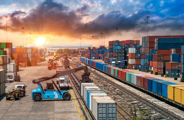 Business Logistics and transportation concept, of Container Cargo train and truck for Logistic...
