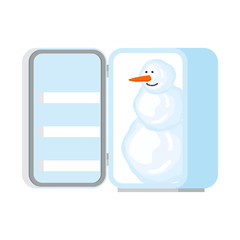 Snowman in fridge. Salvation of winter. Vector illustration