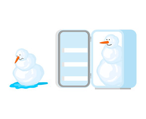 Snowman melts and snowman in fridge. Snow rescue. Spring comes. Snow and water.