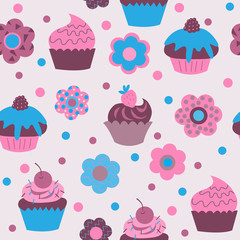 Seamless pattern of cute cupcakes with flowers