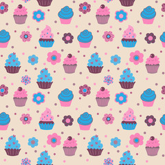 Seamless pattern from cute decorative cupcakes with flowers