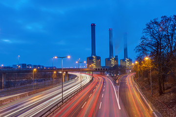 Power station and highway at dawn seen in Berlin, Germany